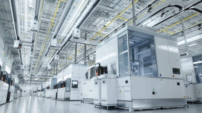 Establishing,Shot,Dolly,Shot,Inside,Bright,Advanced,Semiconductor,Production,Fab