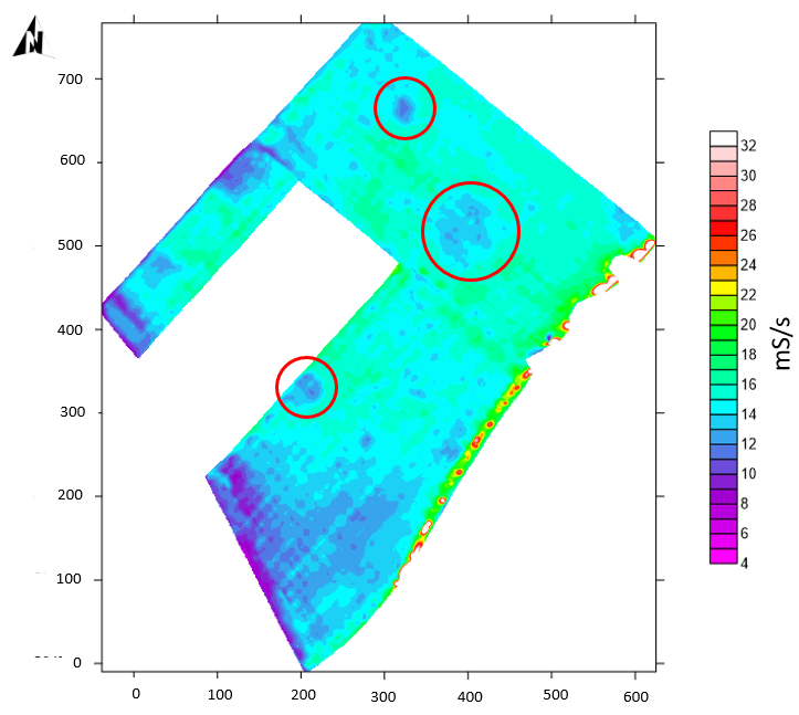Low amplitudes circled in red are known craters from WWII